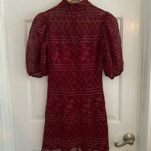 Burgundy embroidered puffy sleeve dress